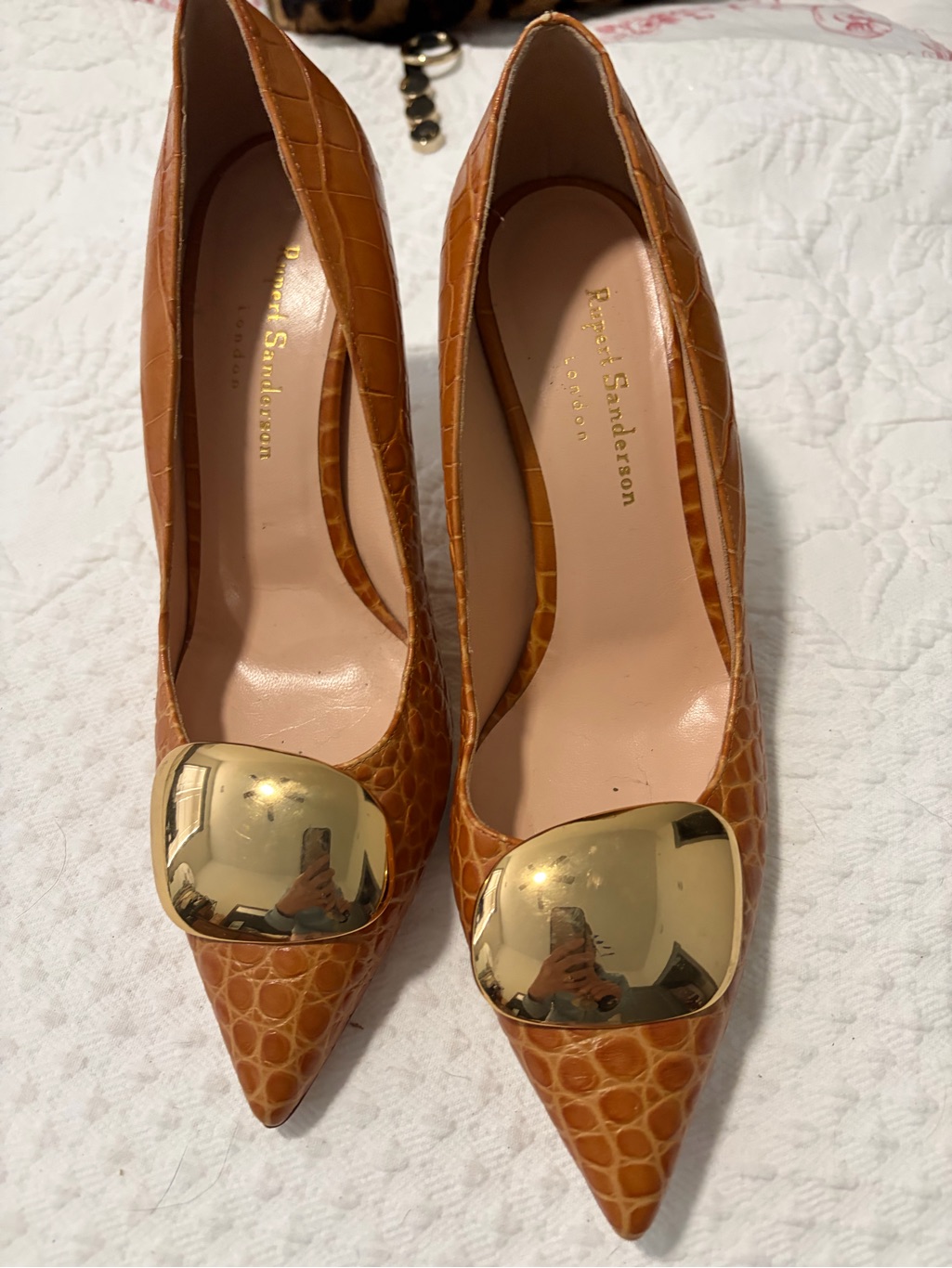 Tan Croc-Embossed Leather Pointed-Toe Pumps With Gold Accent